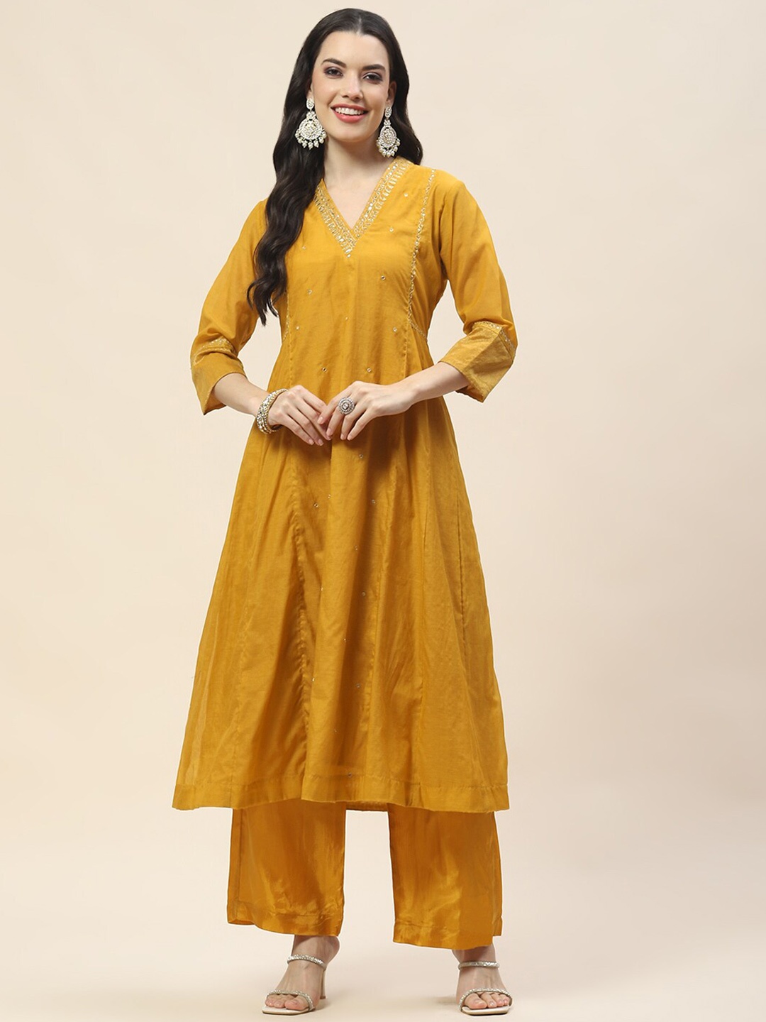 

Meena Bazaar Embroidered Kurta with Trousers, Mustard