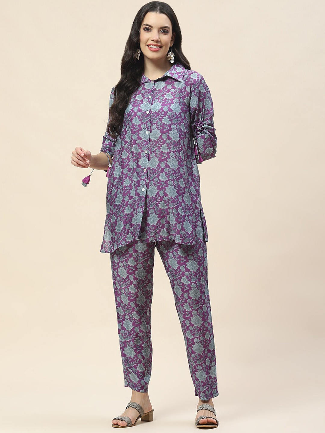 

Meena Bazaar Floral Printed Shirt Collar Regular Kurti with Trousers, Purple