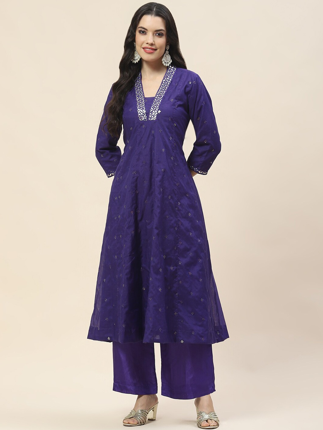 

Meena Bazaar Ethnic Motifs Embroidered Empire Mirror Work Kurta with Palazzos, Purple