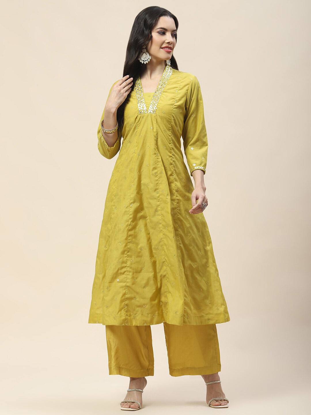 

Meena Bazaar Mustard Yellow Embroidered Kurta with Palazzos