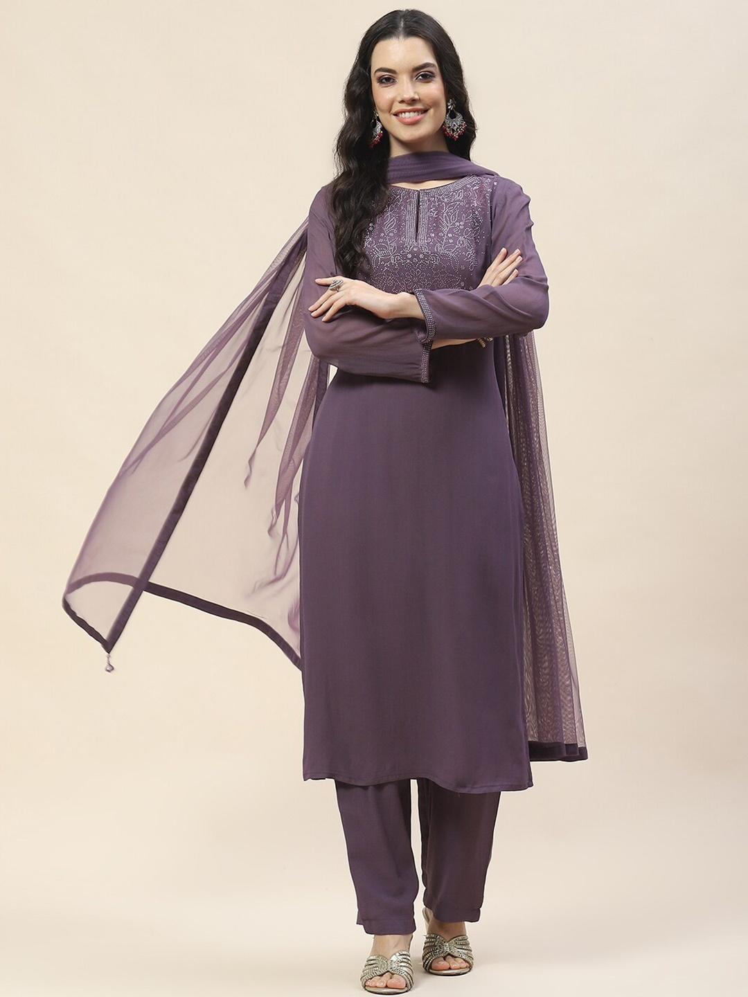 

Meena Bazaar Purple Embroidered Kurta with Trousers & With Dupatta