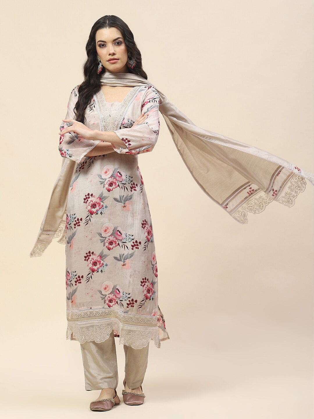 

Meena Bazaar Floral Printed Regular Thread Work Kurta with Trousers & Dupatta, Beige