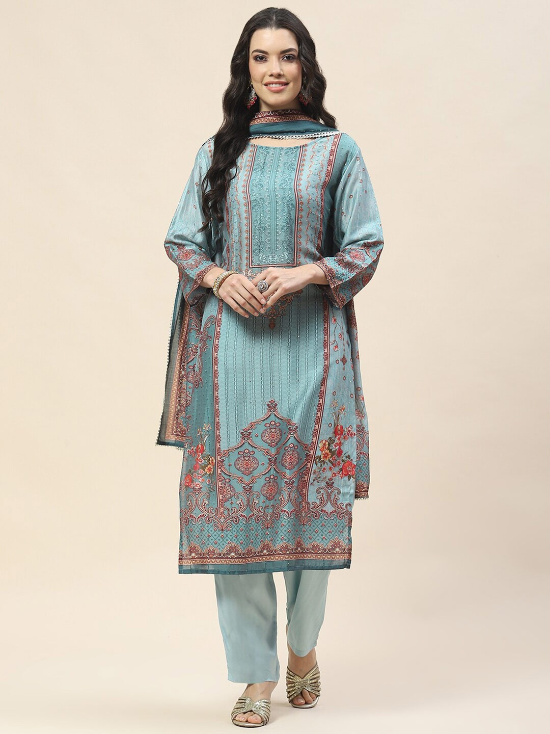 

Meena Bazaar Printed Kurta with Trousers & Dupatta, Blue