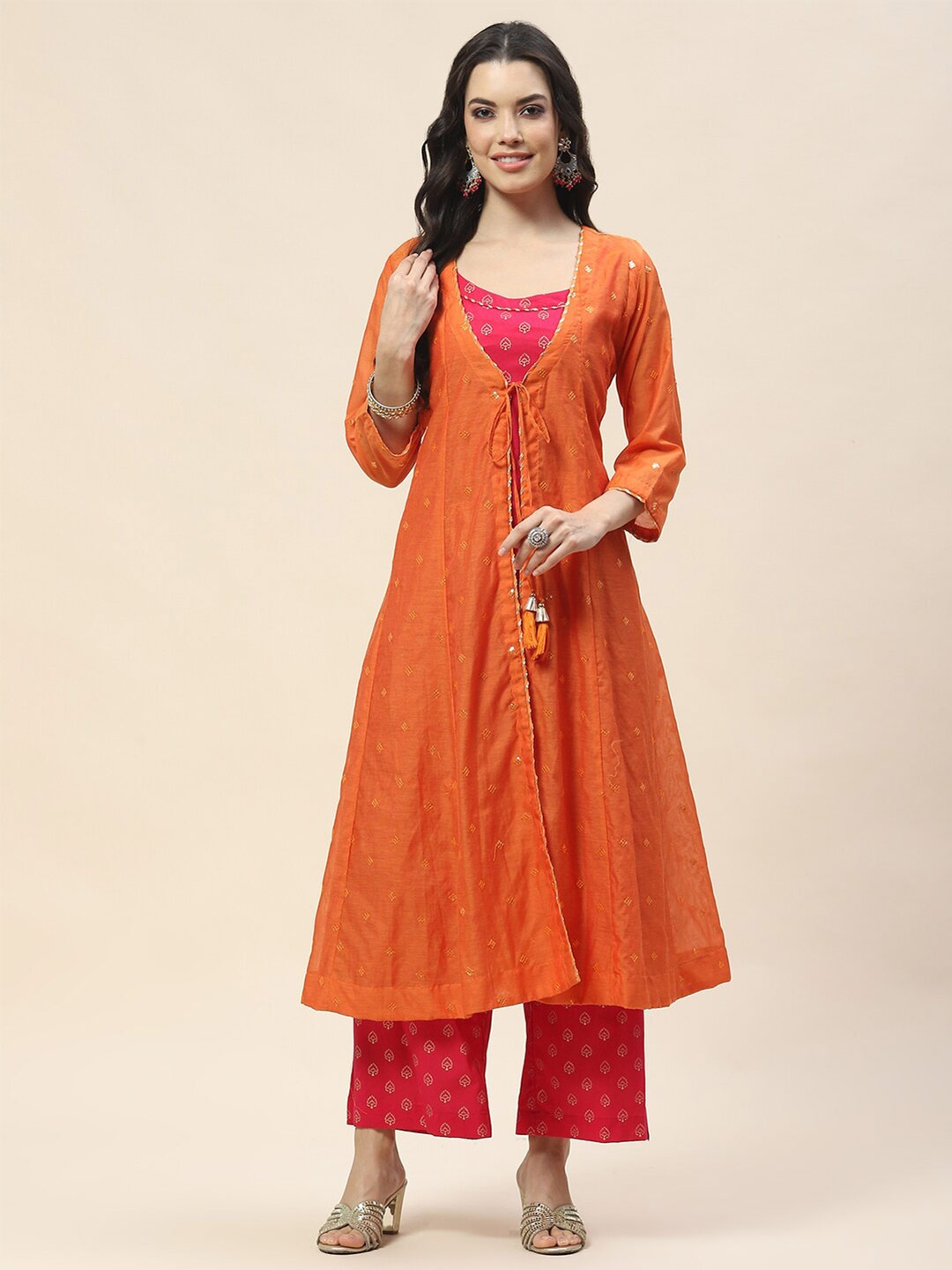 

Meena Bazaar Ethnic Motifs Printed Regular Gotta Patti Kurta with Trousers, Orange
