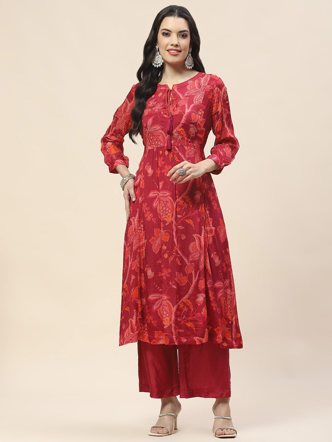 

Meena Bazaar Floral Printed Regular Kurta with Palazzos, Pink