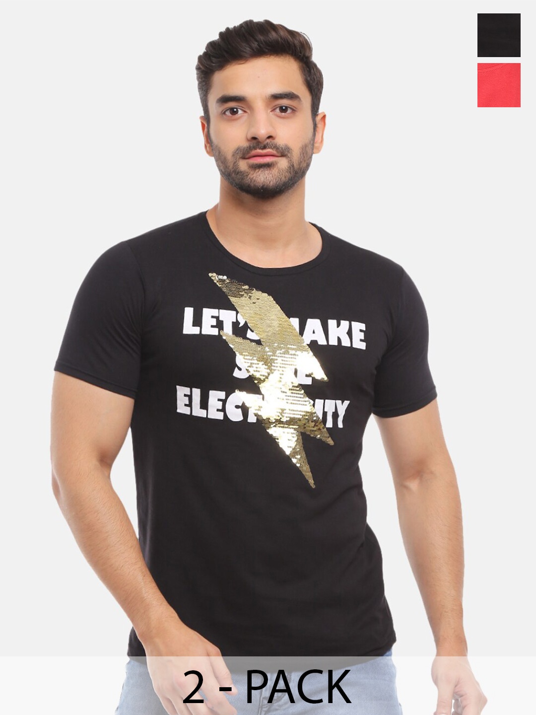 

V-Mart Pack Of 2 Printed Cotton T-shirts, Black