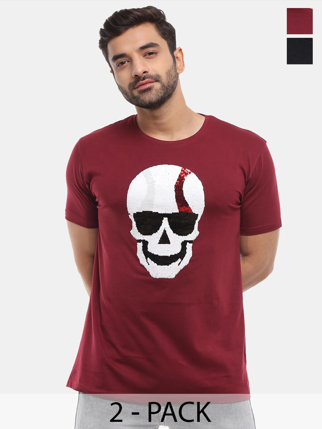 

V-Mart Pack Of 2 Printed Cotton T-shirts, Maroon