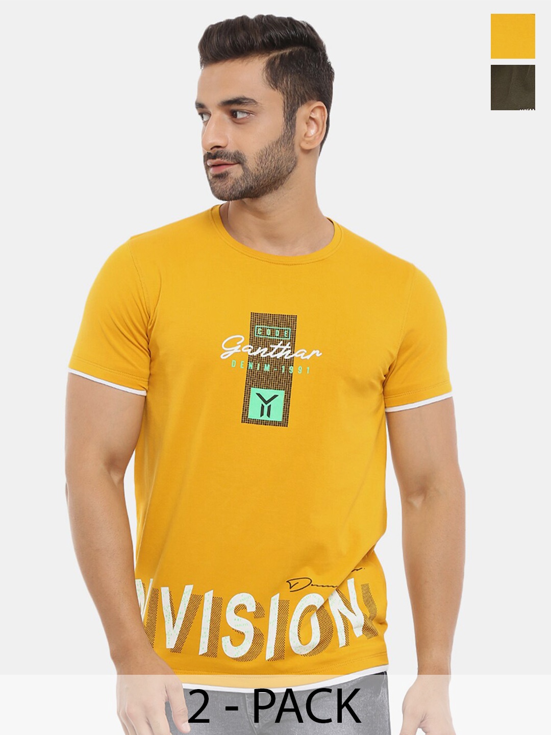 

V-Mart Pack Of 2 Cotton Slim Fit T-shirts, Olive