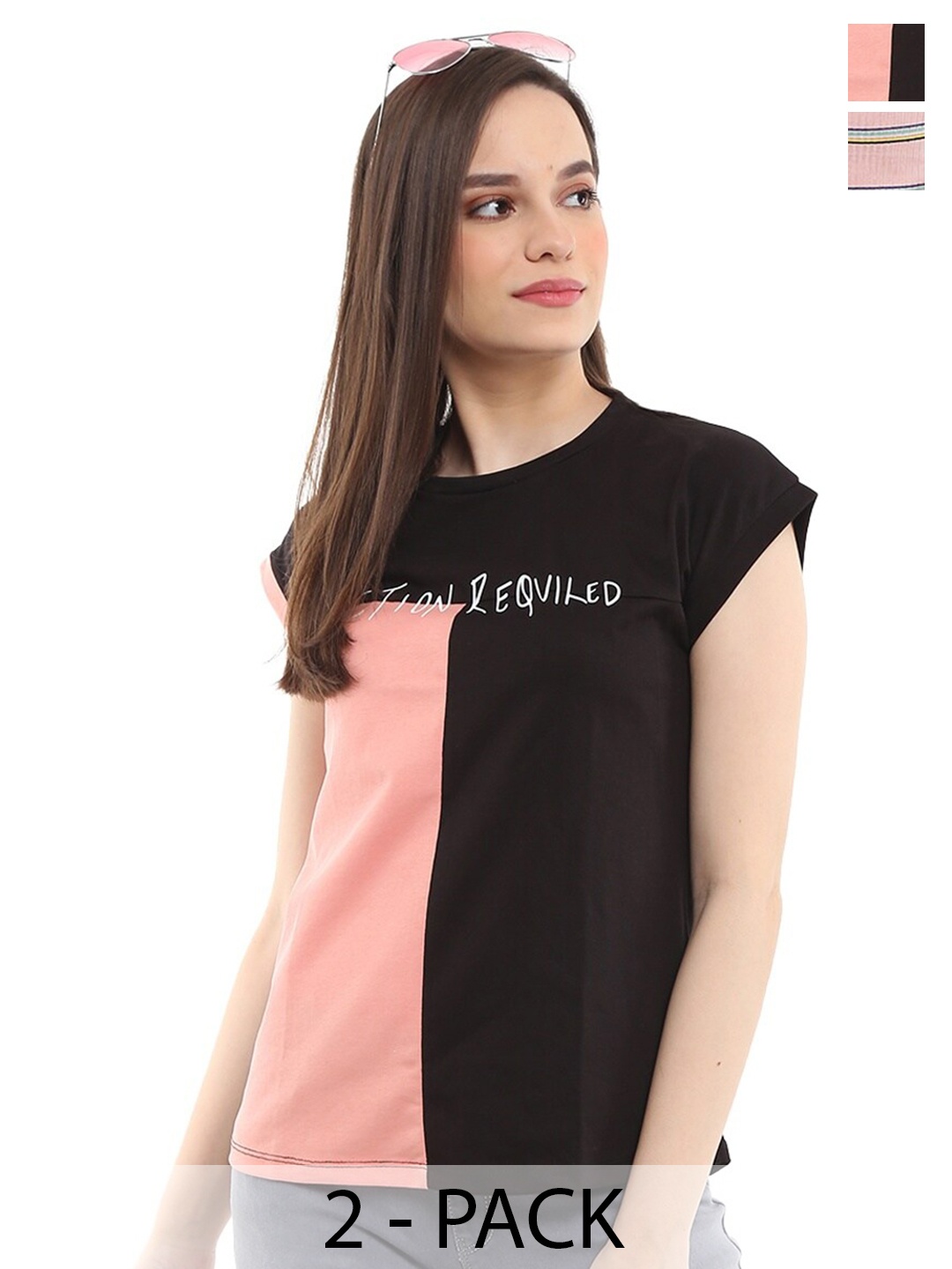 

V-Mart Pack of 2 Colourblocked & Striped T-shirt, Pink