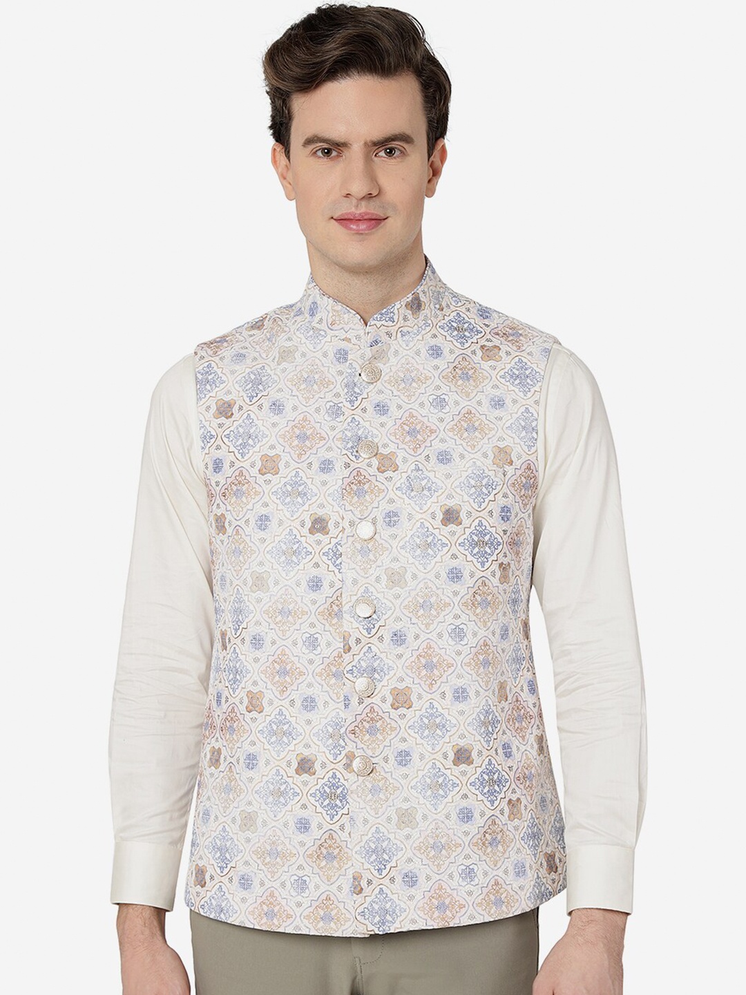 

Greenfibre Printed Woollen Nehru Jacket, Cream