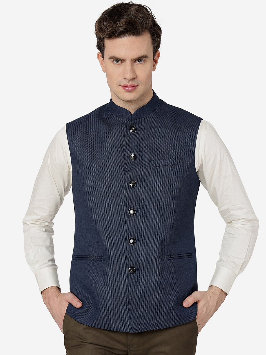 

Greenfibre Woven Design Woollen Nehru Jackets, Blue