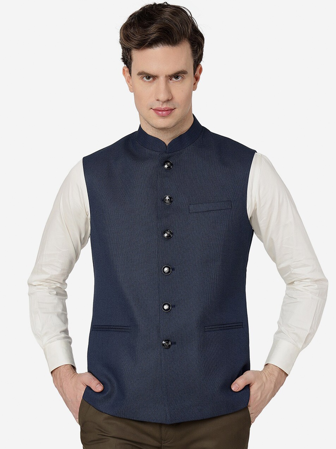 

Greenfibre Woven Design Woollen Nehru Jacket, Blue