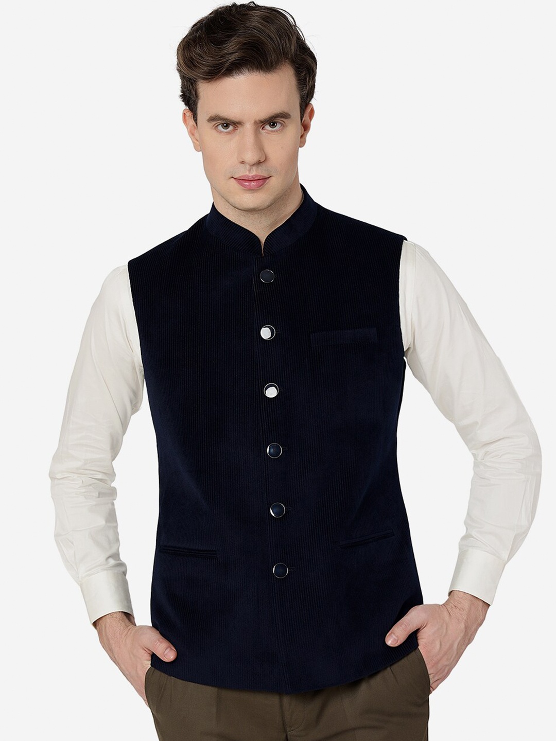

Greenfibre Striped Mandarin Collar Woollen Nehru Jackets, Navy blue