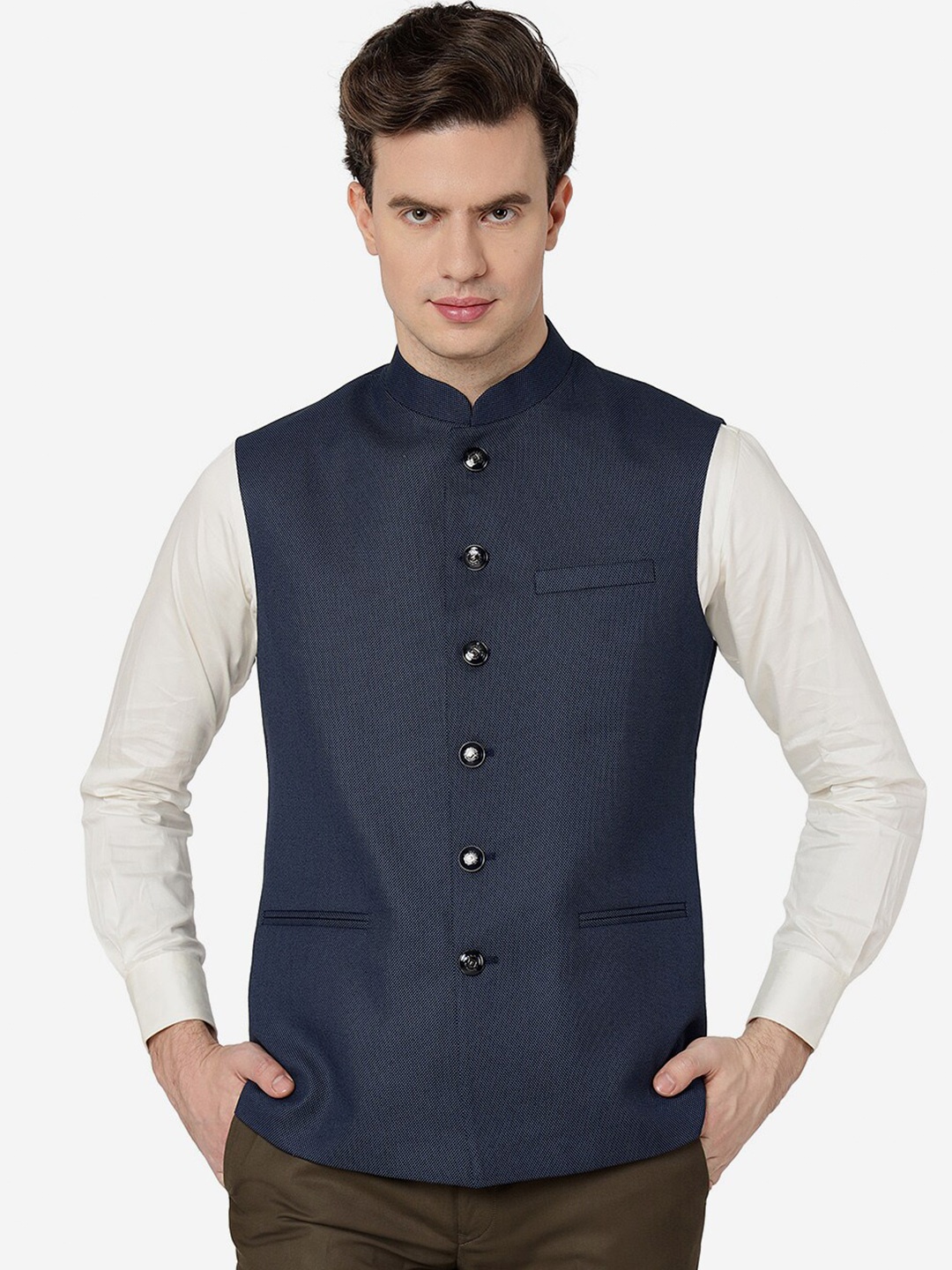 

Greenfibre Mandarin Collar Woollen Nehru Jackets, Blue