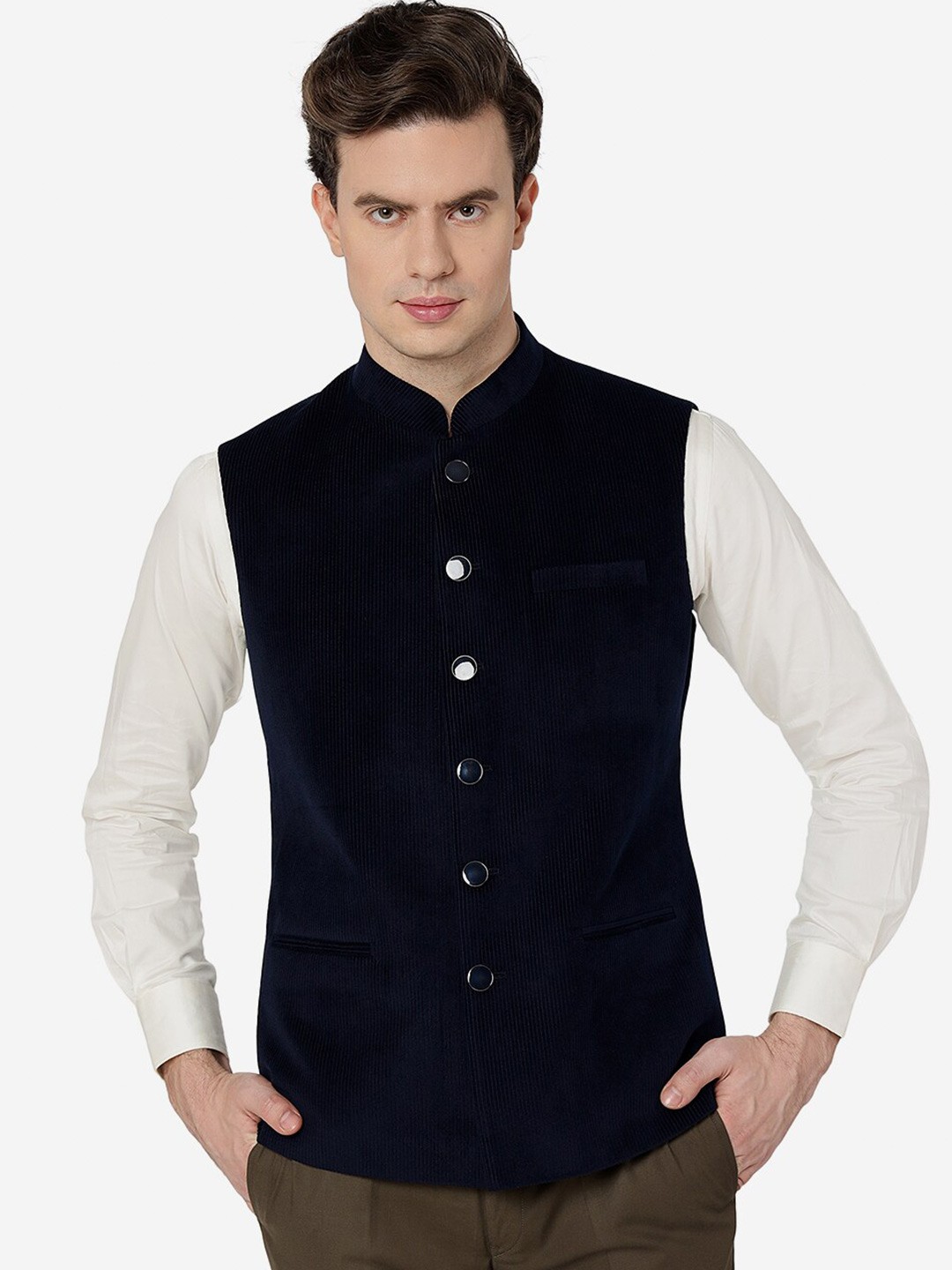 

Greenfibre Striped Mandarin Collar Woollen Nehru Jackets, Navy blue