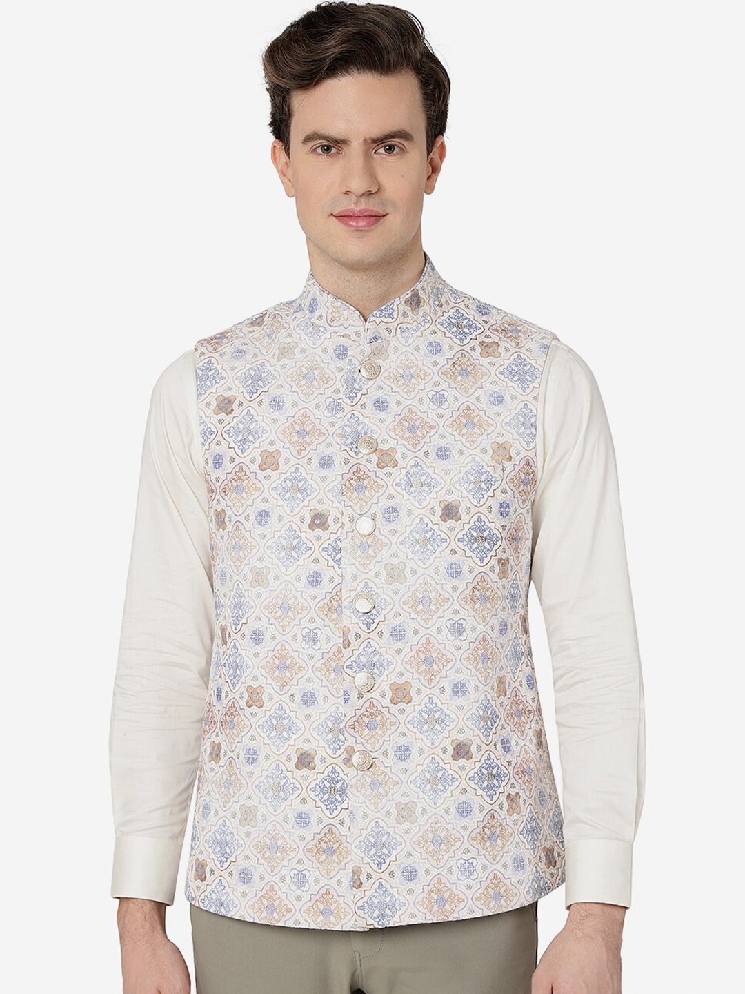 

Greenfibre Printed Mandarin Collar Woollen Nehru Jackets, Cream