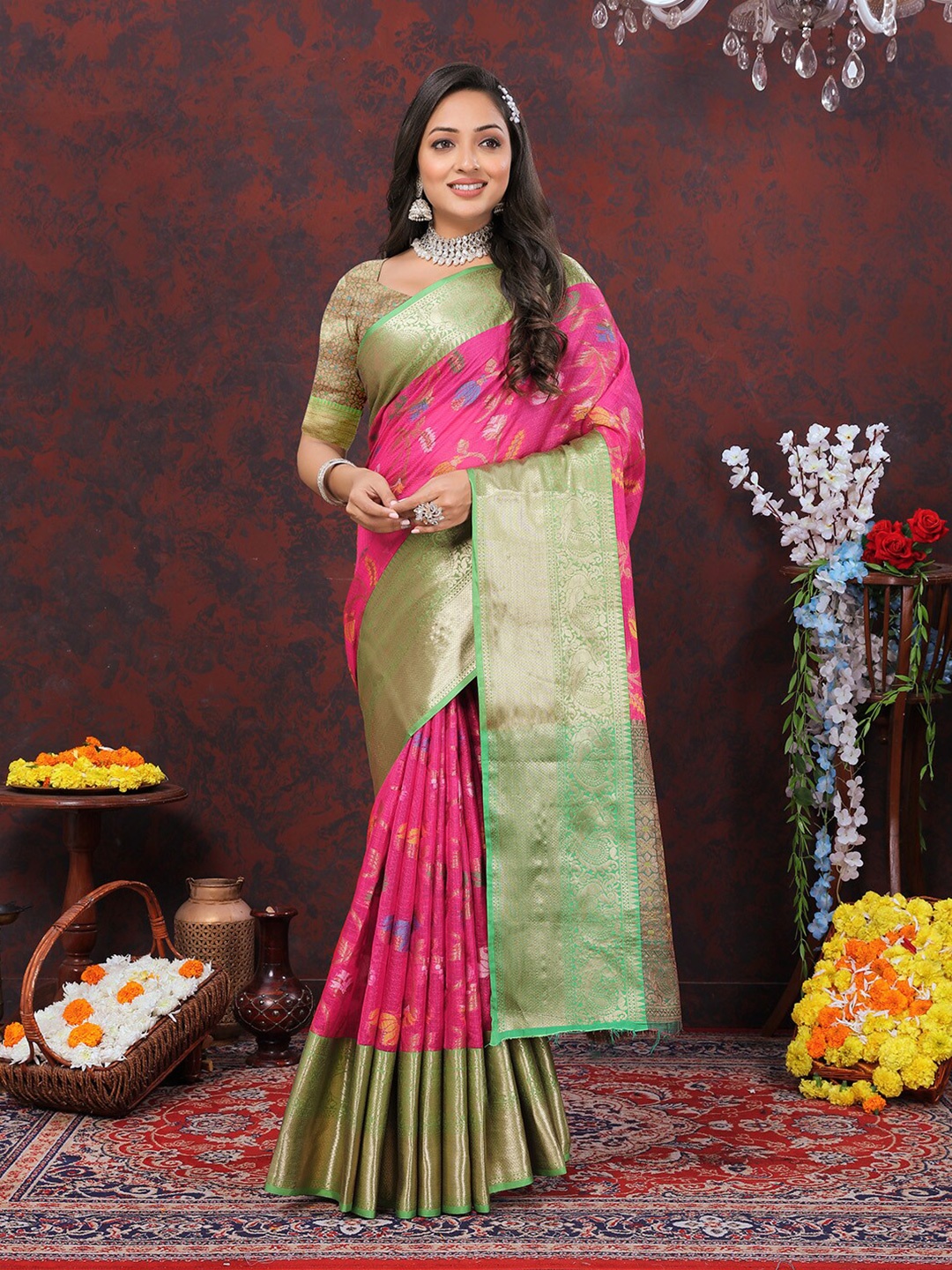 

KALINI Floral Woven Design Zari Patola Saree, Pink