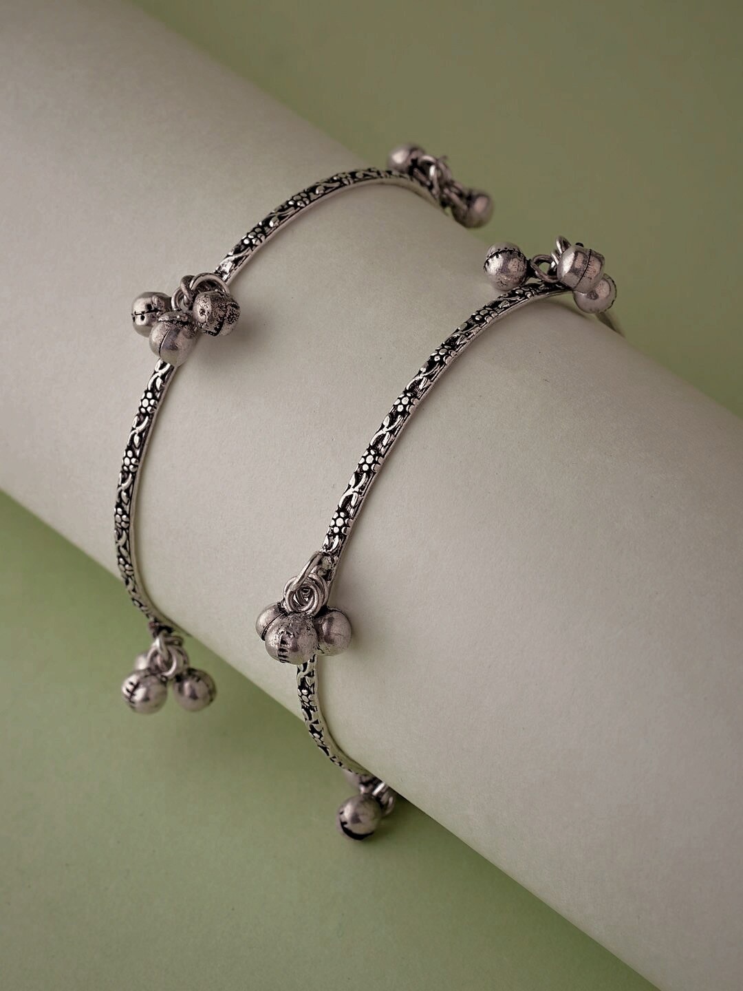 

ATIBELLE Set Of 2 Silver-Plated Stone Studded Ghunghroo Bangles