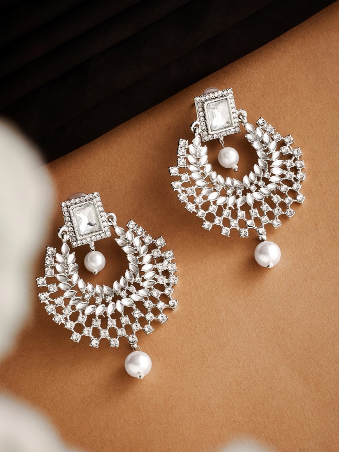 

ATIBELLE Silver-Plated Kundan Stone Studded Chandbalis