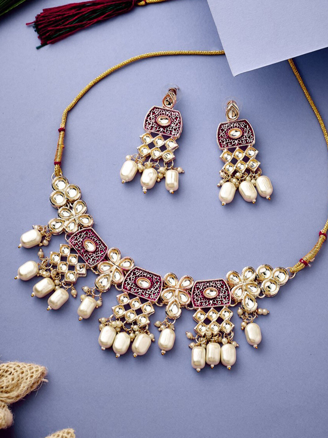 

ATIBELLE Gold Plated Kundan Studded & Beaded Jewellery Set, Pink