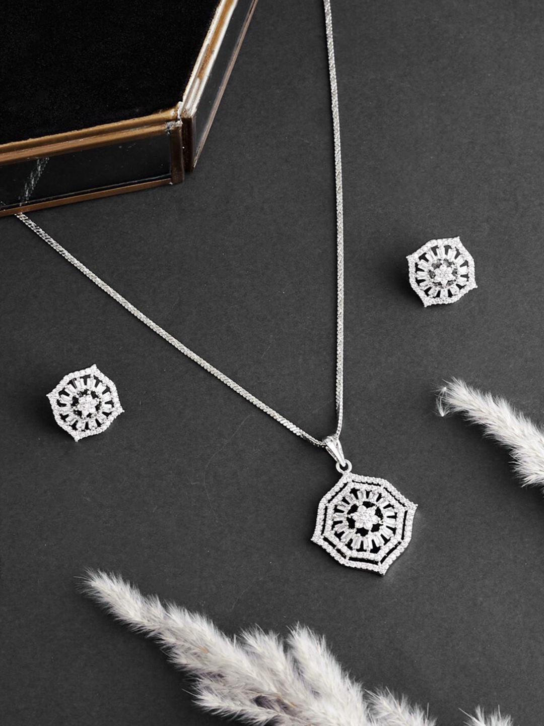 

ATIBELLE Silver-Plated Cubic Zirconia Stone Studded Jewellery Set