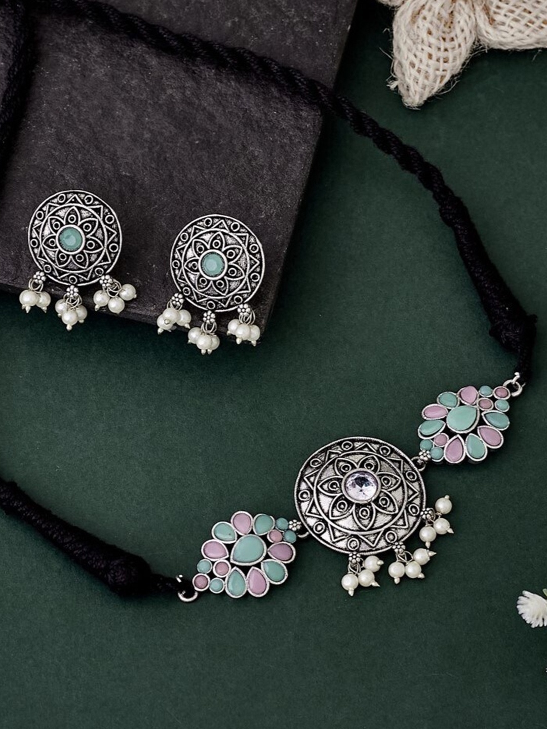 

ATIBELLE German Silver-Plated Stone Studded Jewellery Set