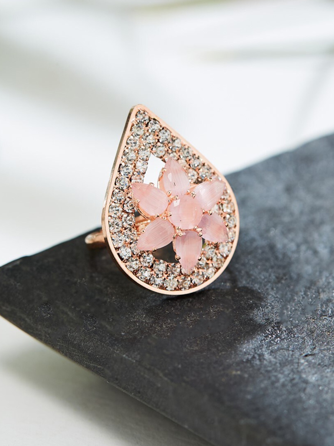 

ATIBELLE Rose Gold-Plated Cubic Zirconia Studded Finger Ring, Pink