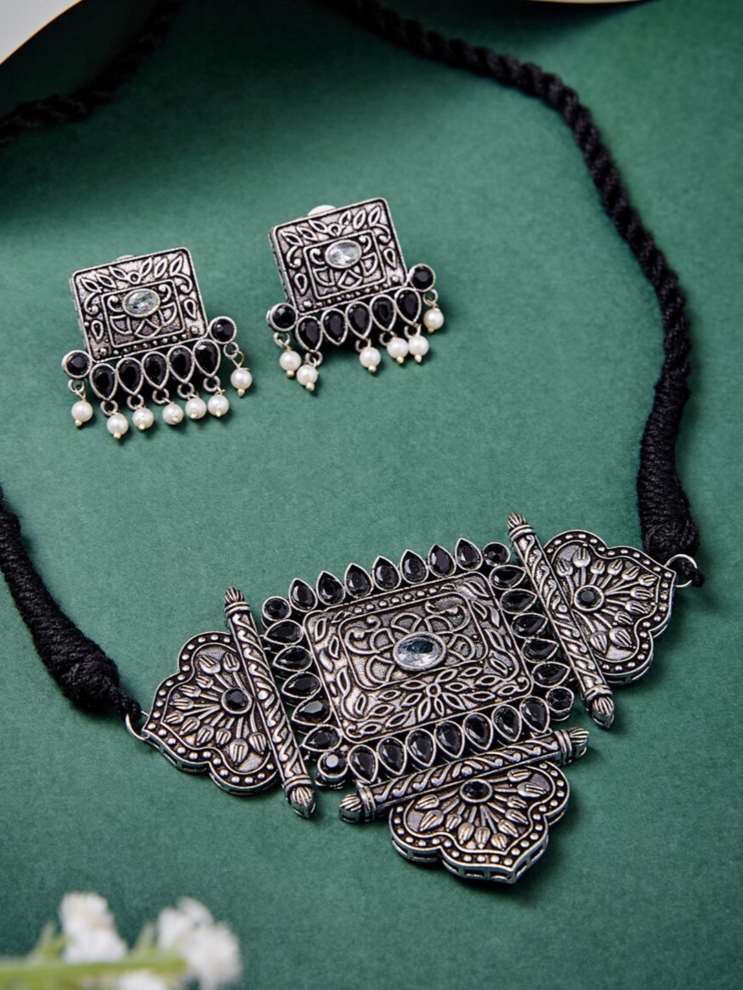 

ATIBELLE German Silver Plated Stone Studded & Beaded Jewellery Set