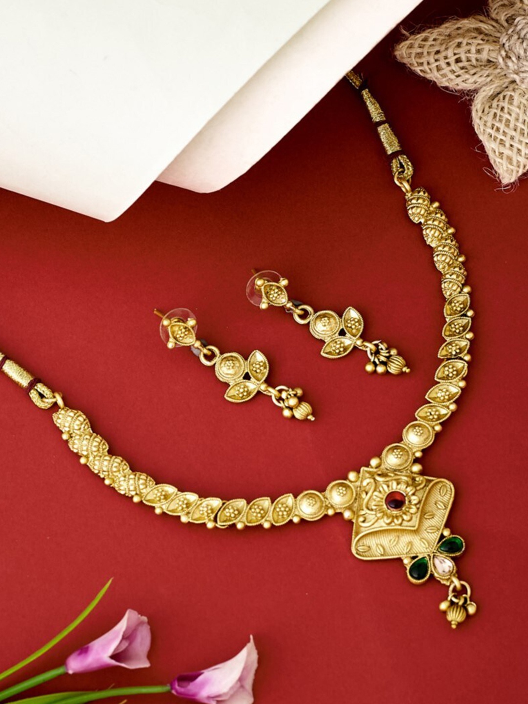 

ATIBELLE Gold-Plated Artificial Stone Studded Jewellery Set