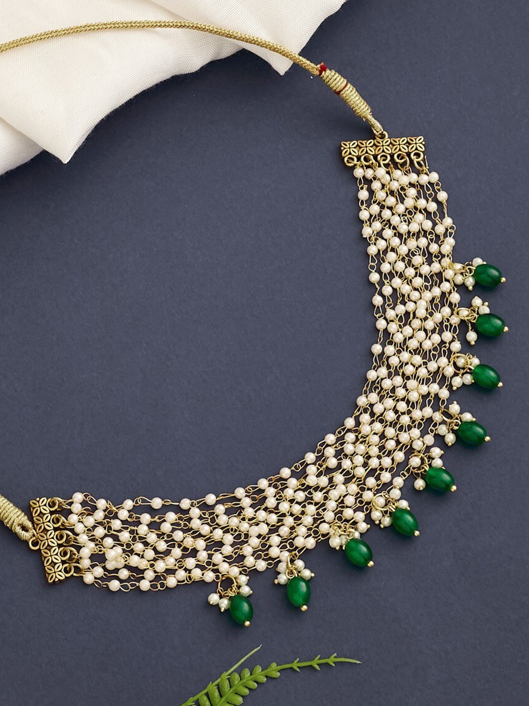 

ATIBELLE Gold-Plated Stone-Studded & Beaded Brass Choker Necklace