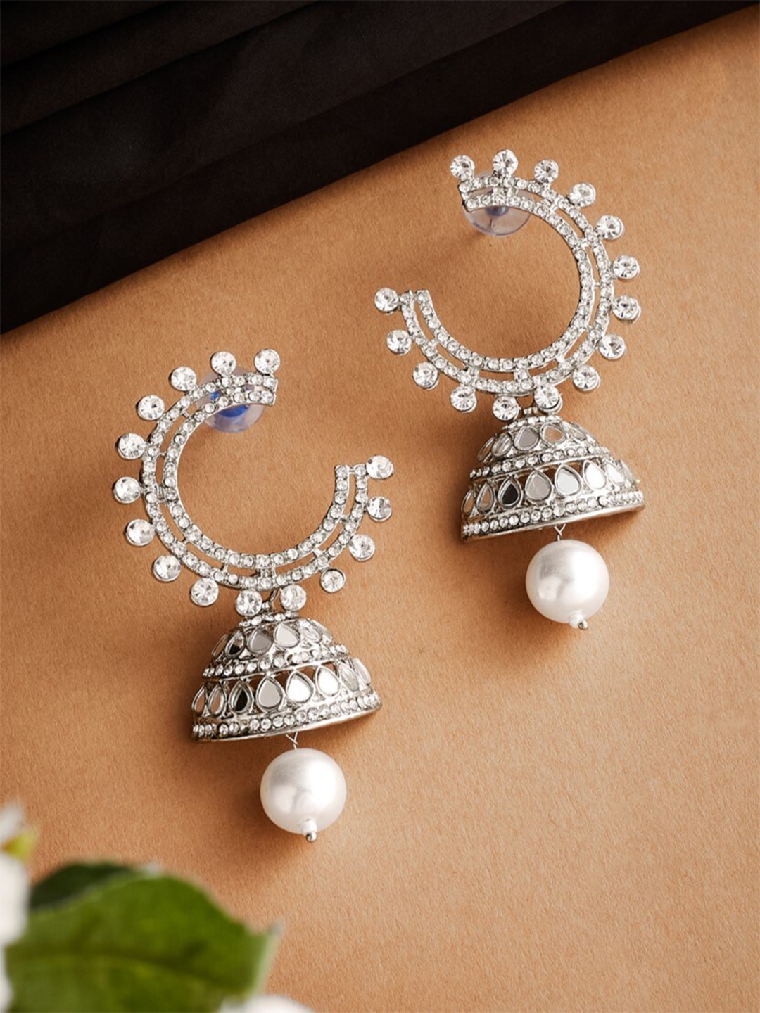

ATIBELLE Silver-Toned Silver-Plated Dome Shaped Jhumkas