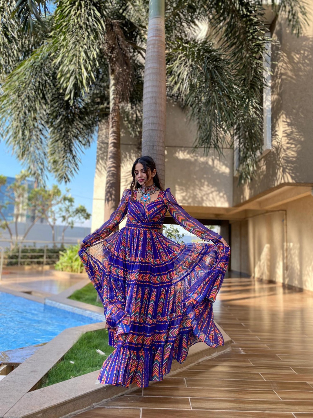 

BAESD Printed Puff Sleeve Chiffon Fit & Flare Long Dress, Blue