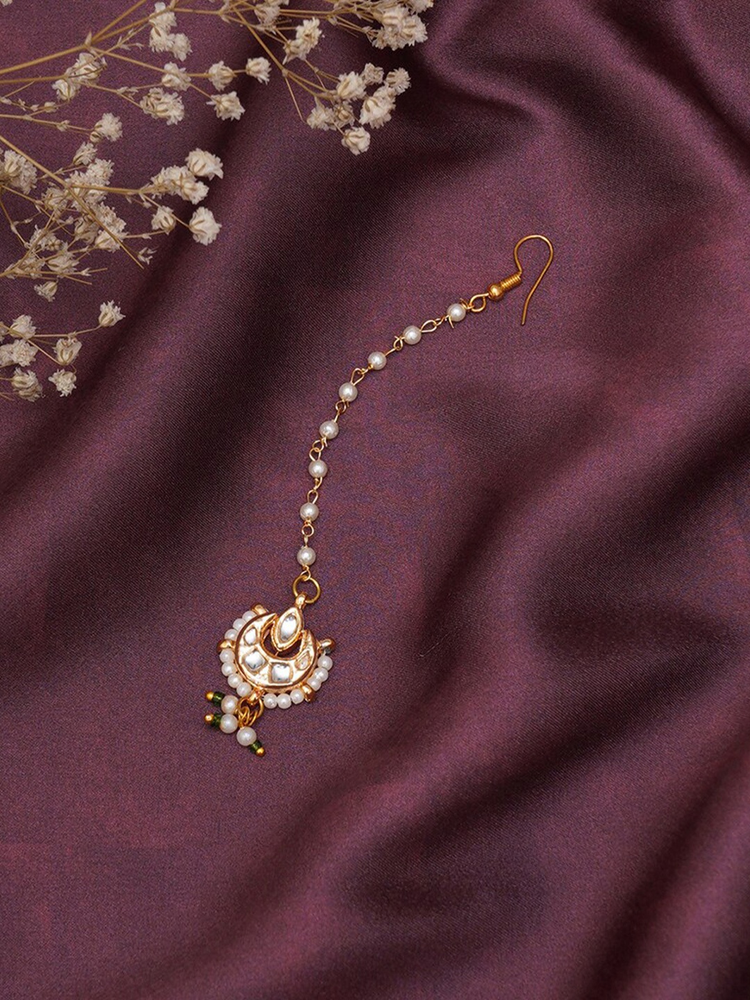 

Ruby Raang Gold-Plated Kundan-Studded & Pearls-Beaded Maang Tikka