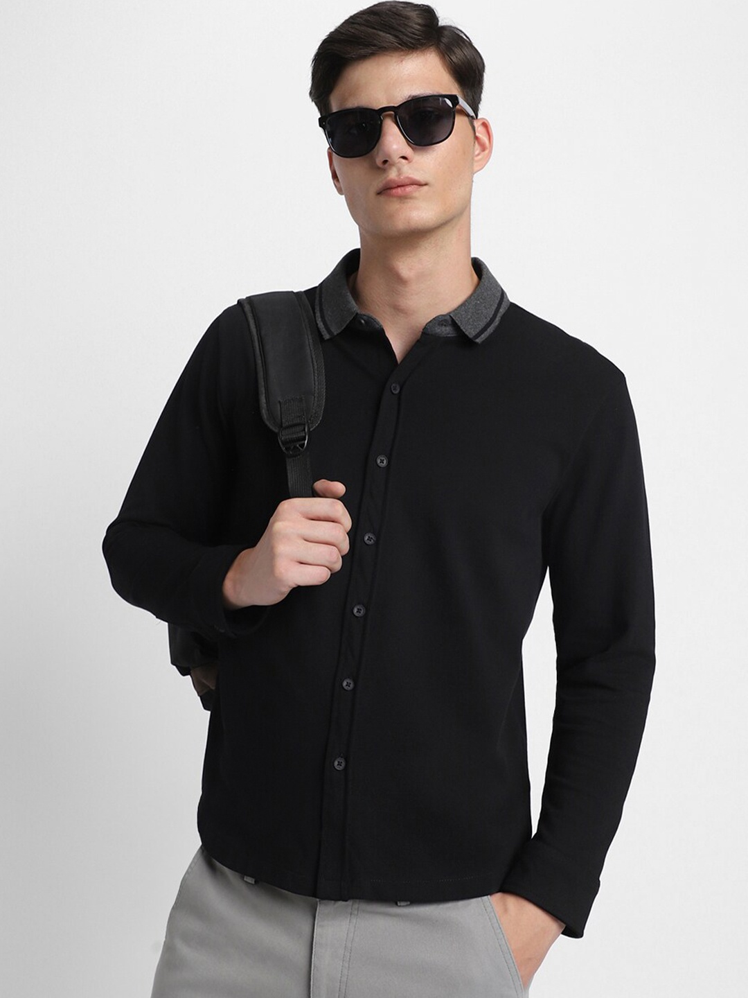 

Dennis Lingo Cotton Spread Collar Slim Fit Casual Shirt, Black