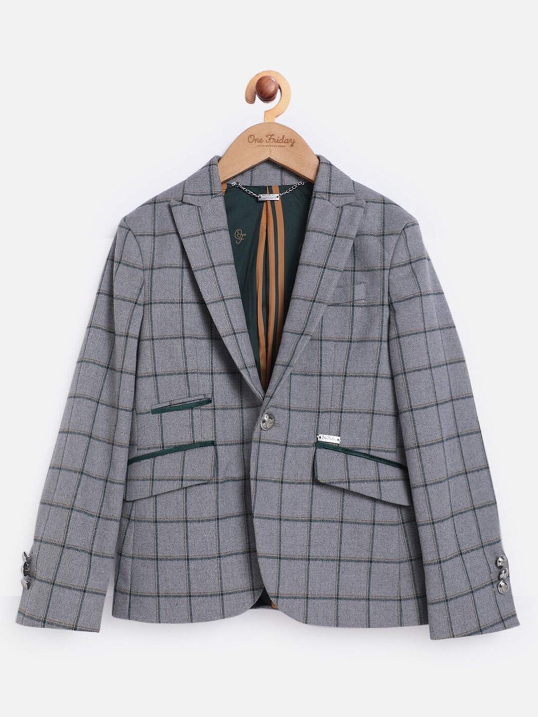 

One Friday Boys Checked Single-Breasted Blazer, Grey