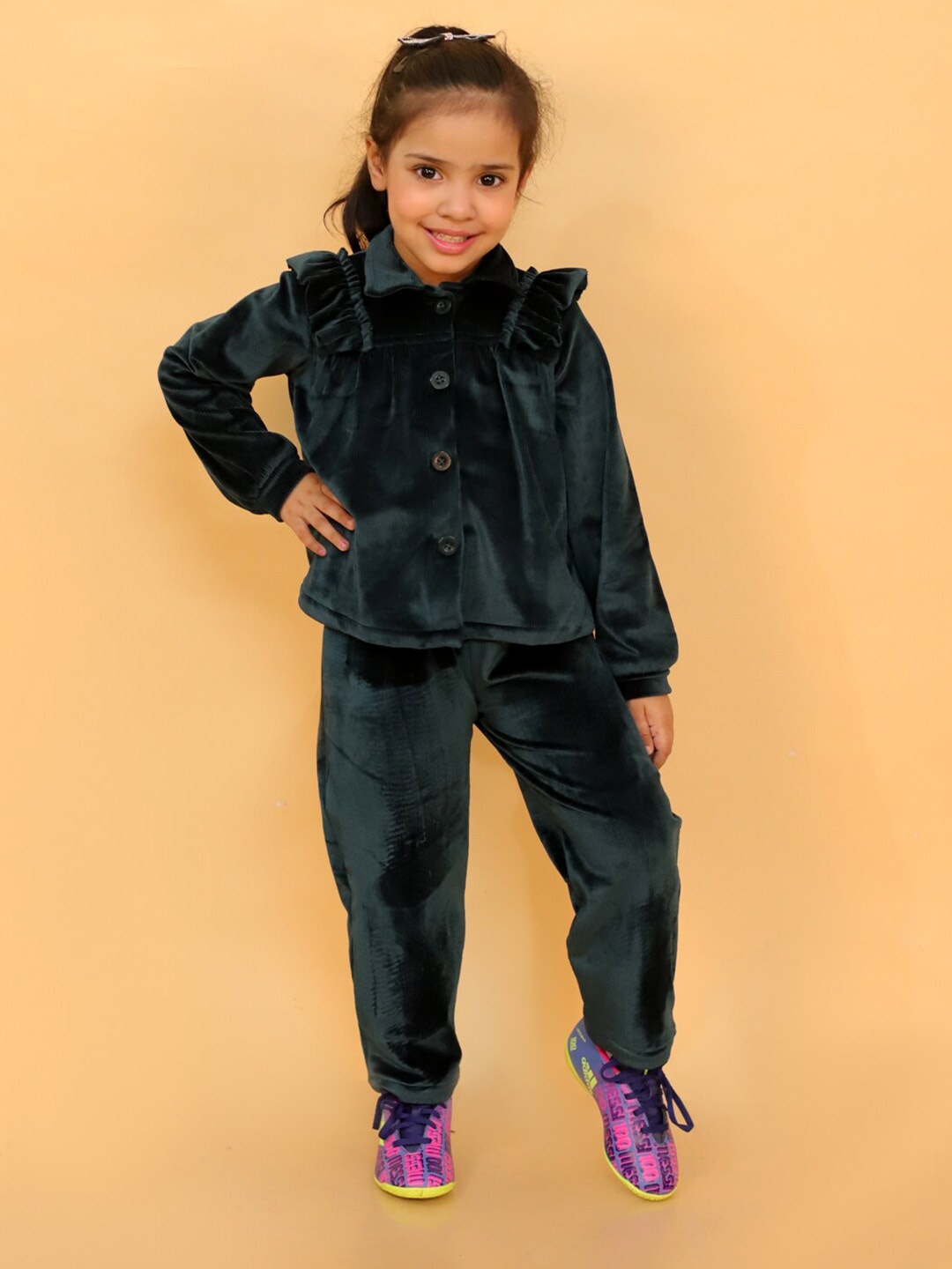 

Stuffie Land Girls Shirt Collar Shirt with Trousers, Green