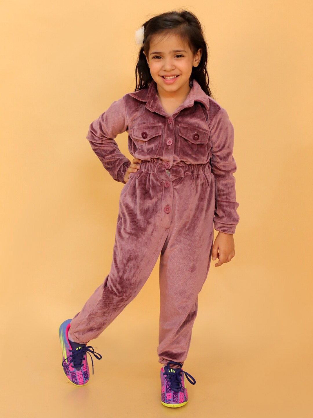 

Stuffie Land Girls Solid Shirt collar Basic Jumpsuit, Pink