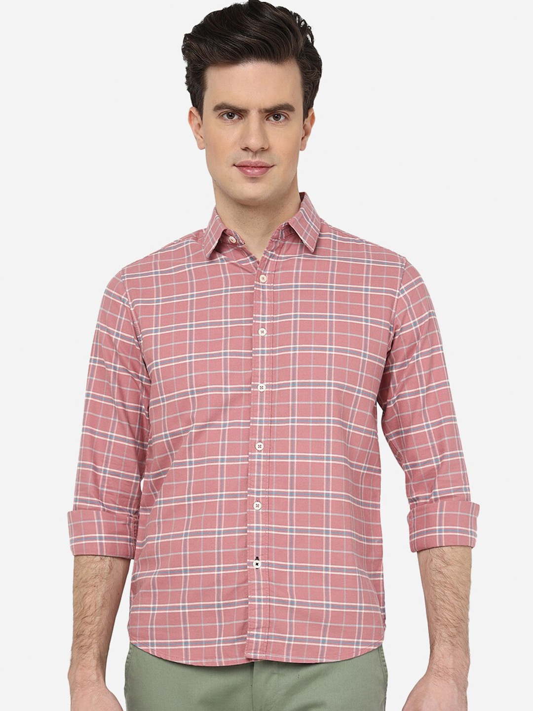 

Greenfibre Slim Fit Opaque Cotton Checked Shirt, Pink