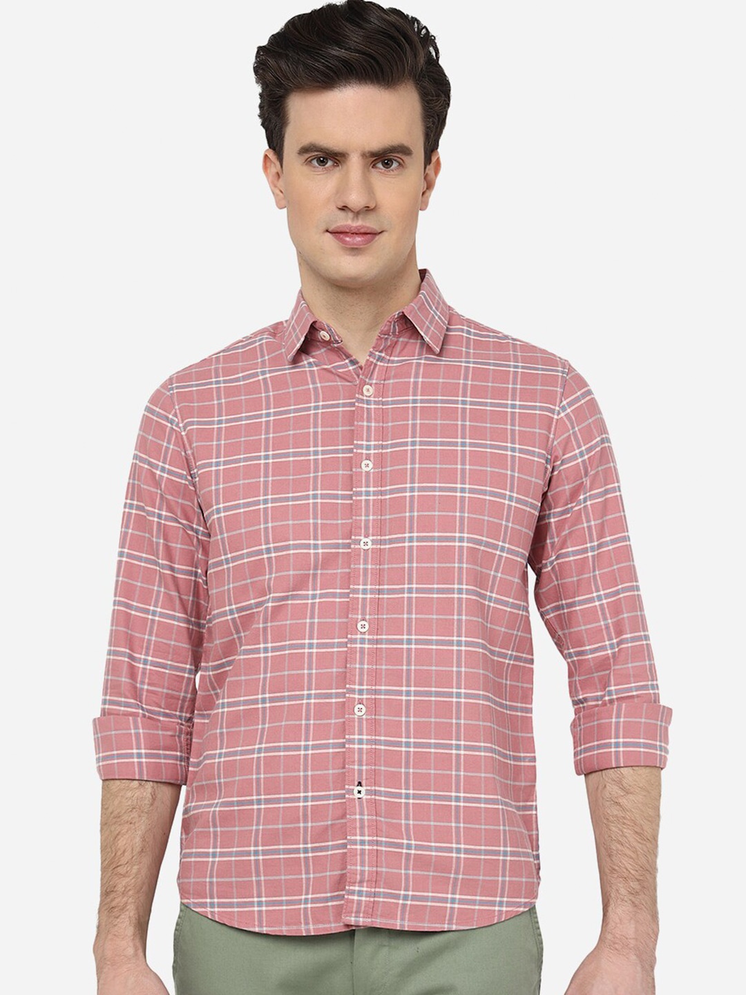 

Greenfibre Slim Fit Checked Spread Collar Pure Cotton Casual Shirt, Pink