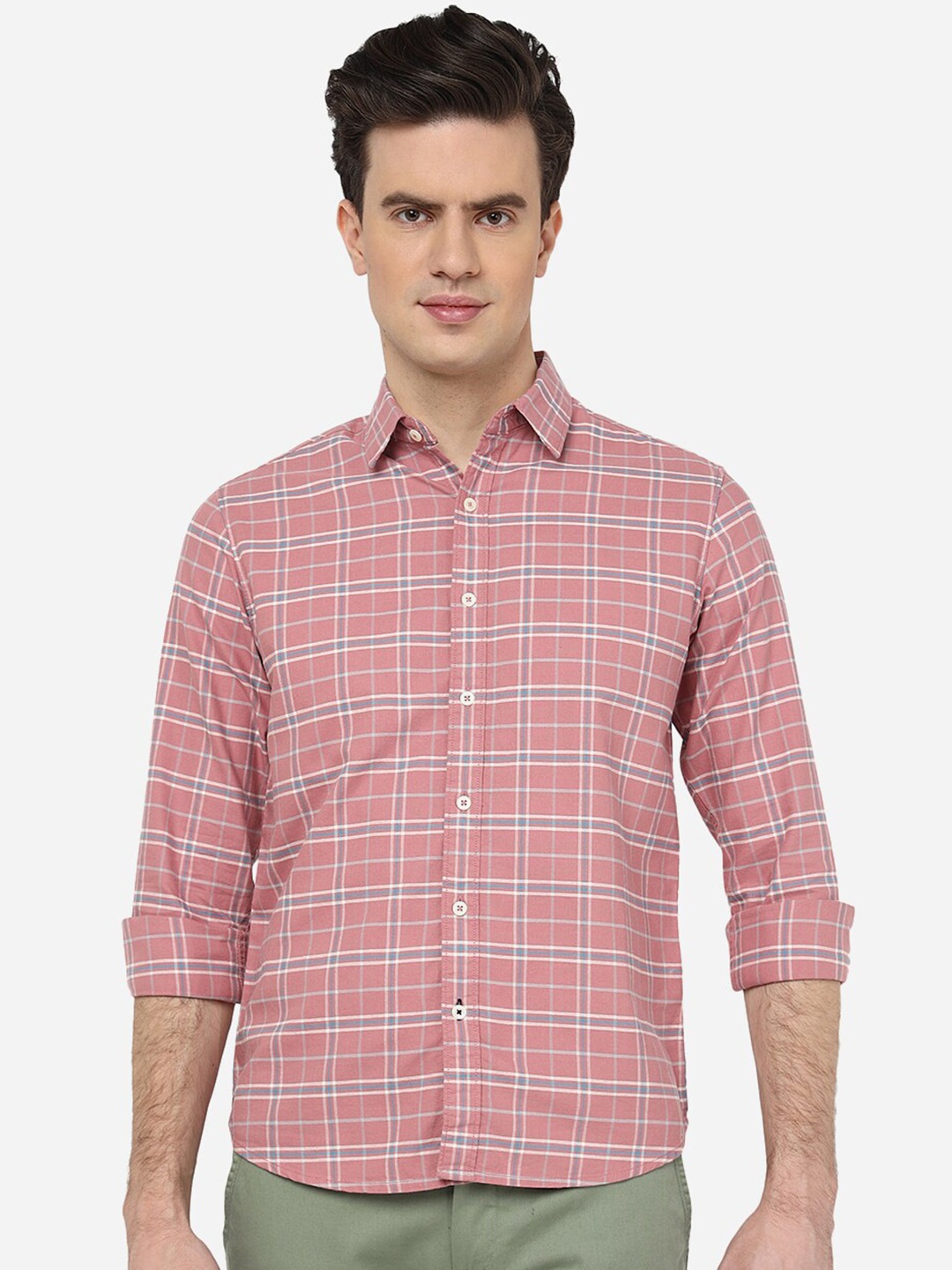

Greenfibre Slim Fit Opaque Cotton Checked Shirt, Pink