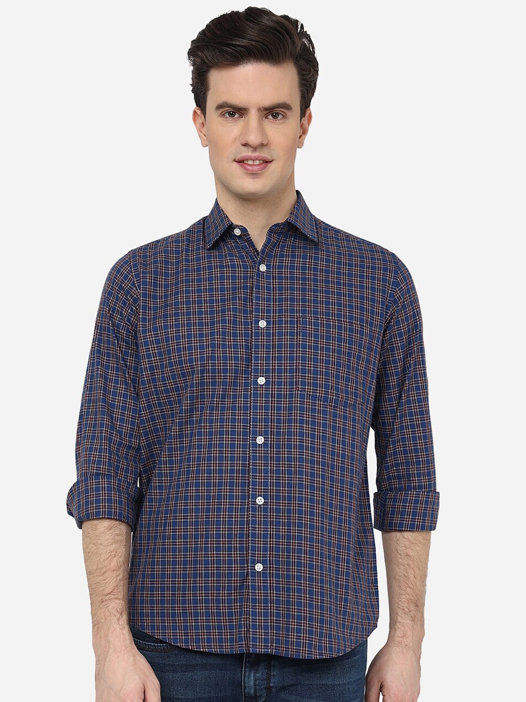 

Greenfibre Regular Fit Checked Spread Collar Pure Cotton Casual Shirt, Blue