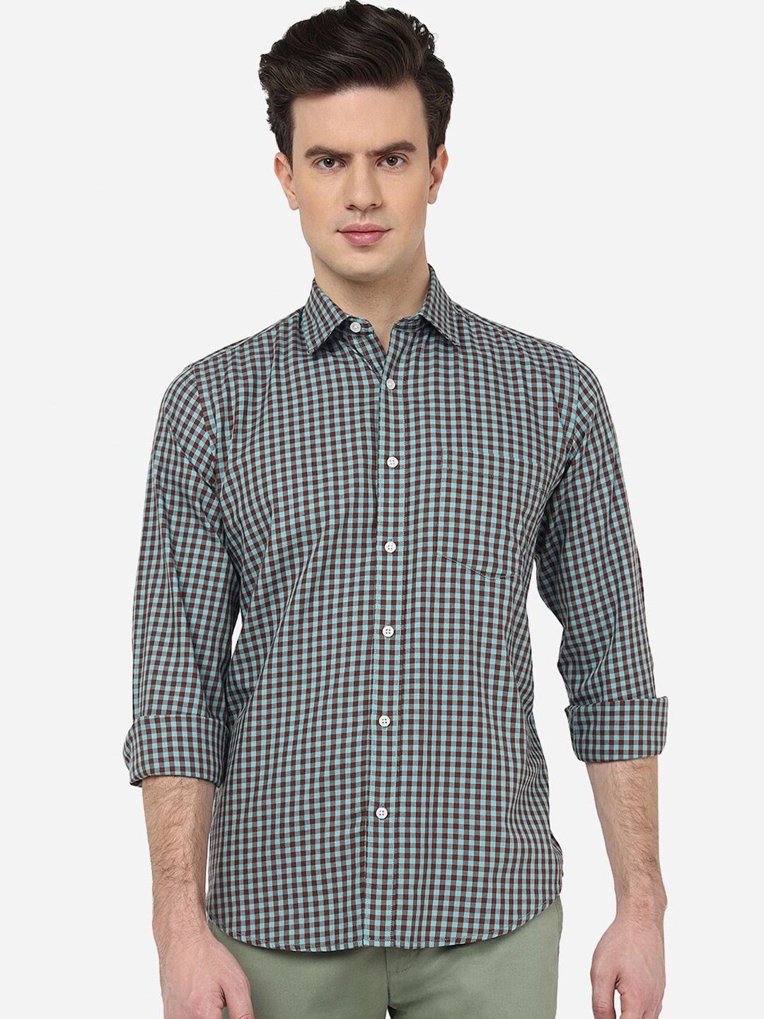 

Greenfibre Brown Opaque Checked Spread Collar Cotton Casual Shirt