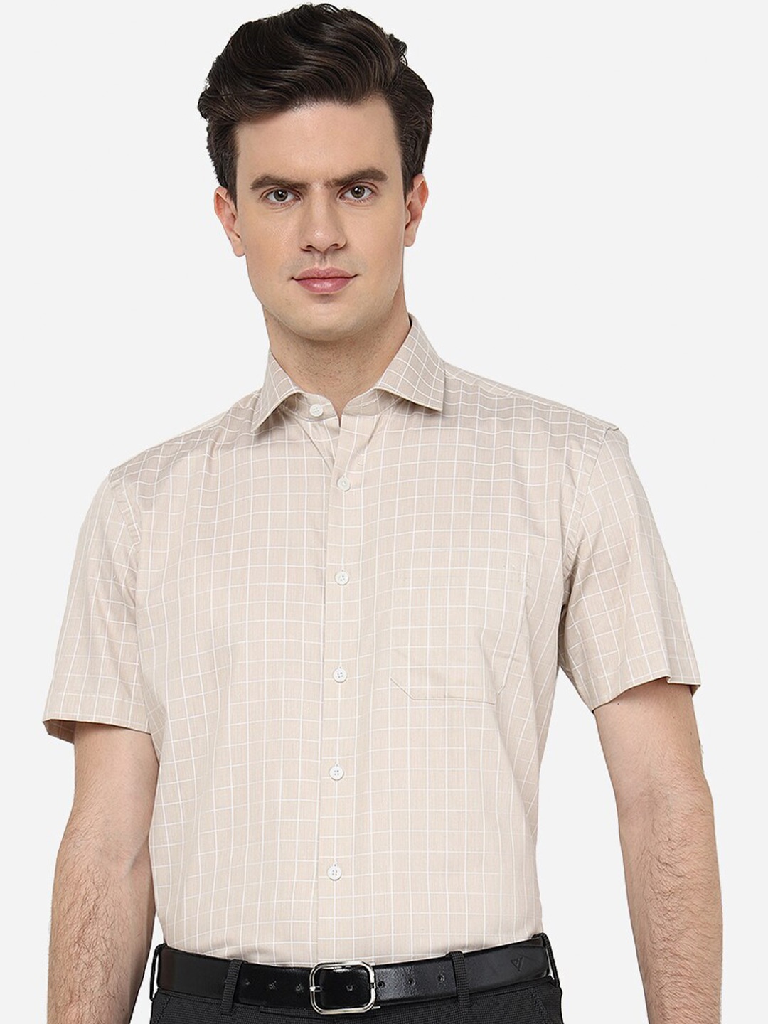 

JADE BLUE Checked Spread Collar Pure Cotton Shirt, Brown