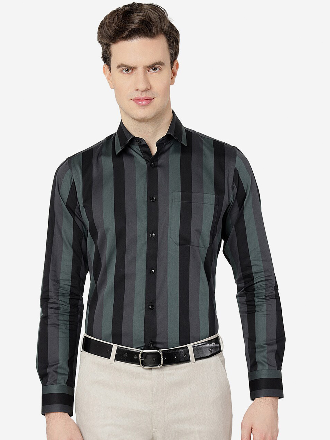 

JADE BLUE Vertical Stripes Spread Collar Slim Fit Pure Cotton Formal Shirt, Green