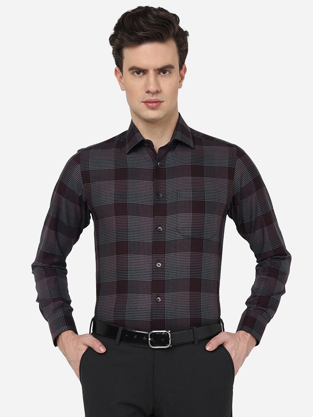 

JADE Slim Fit Spread Collar Opaque Checked Formal Shirt, Maroon