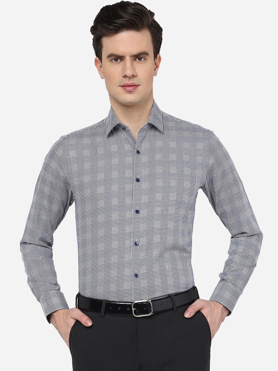 

JADE BLUE Checked Spread Collar Slim Fit Pure Cotton Formal Shirt, Grey