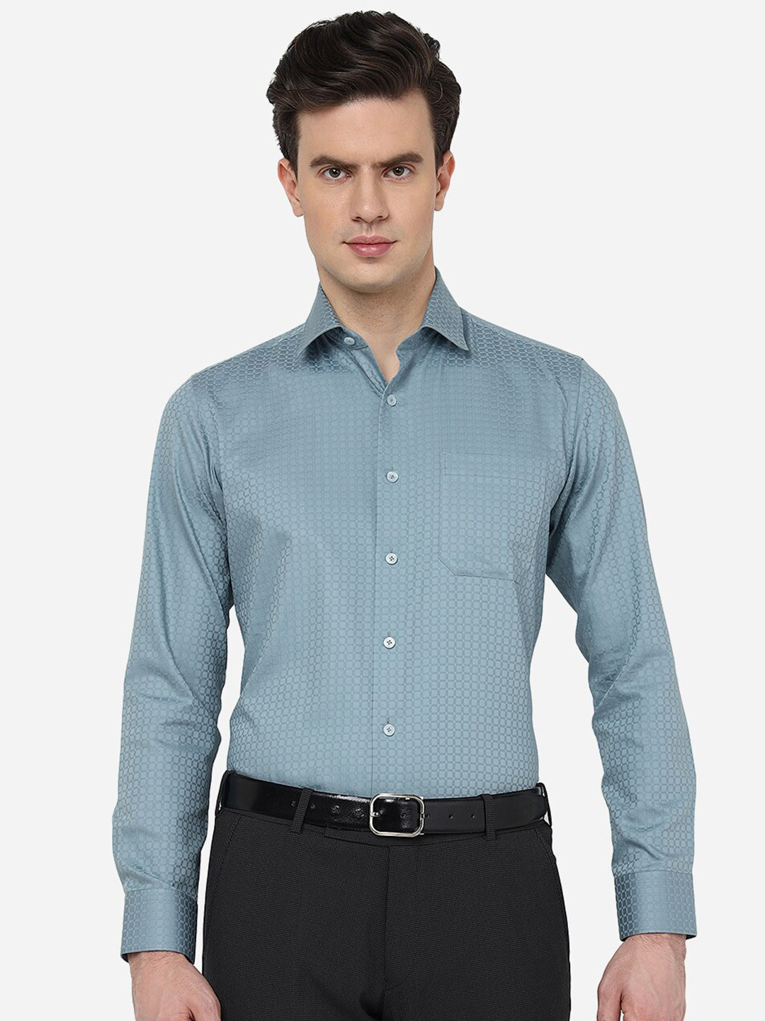 

JADE BLUE Self Design Spread Collar Slim Fit Pure Cotton Formal Shirt, Grey