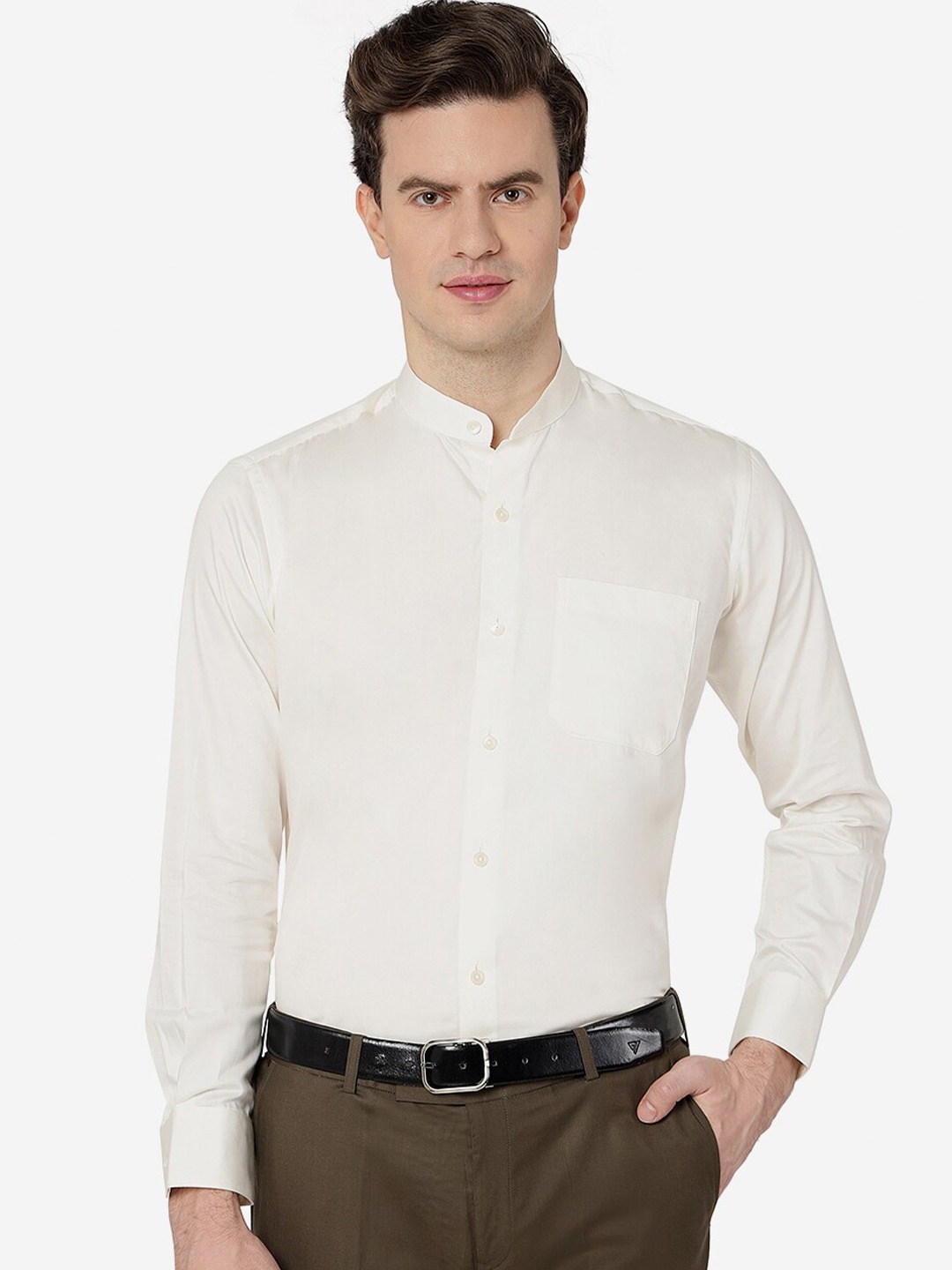 

METAL Mandarin Collar Cotton Slim Fit Opaque Shirt, Cream
