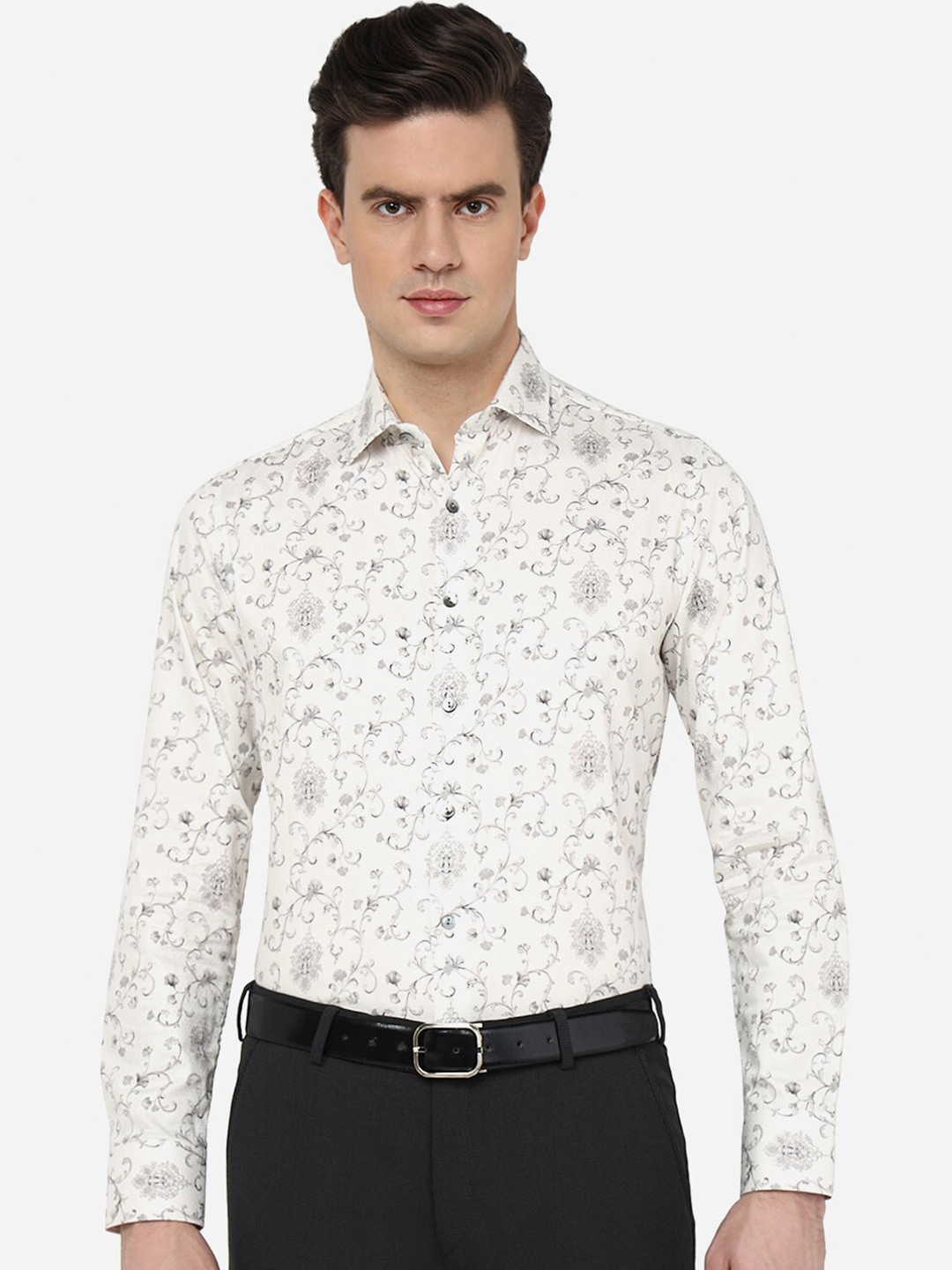 

WYRE Printed Slim Fit Spread Collar Full Sleeve Opaque Cotton Formal Shirt, White