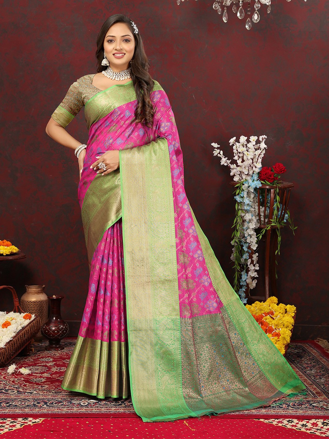 

KALINI Pink Woven Design Zari Cotton Patola Saree